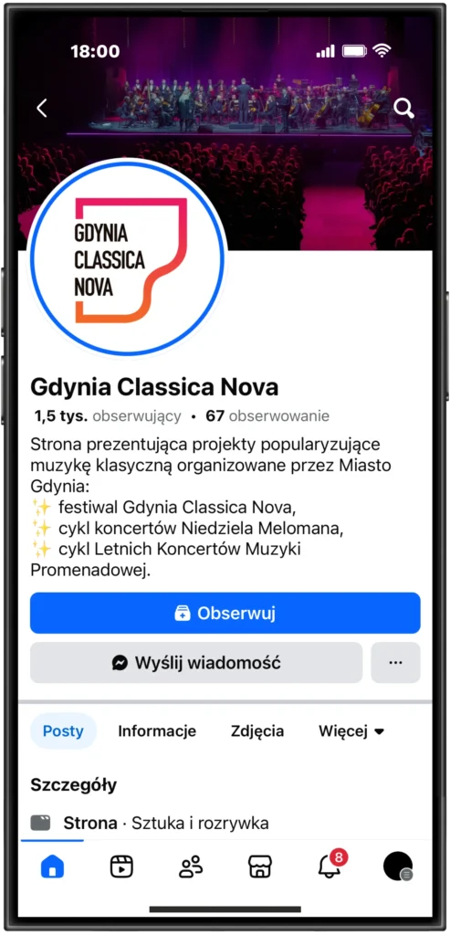 Makieta telefonu z podglądem strony Gdynia Classica Nova na Facebooku, kliknięcie powiększa obraz